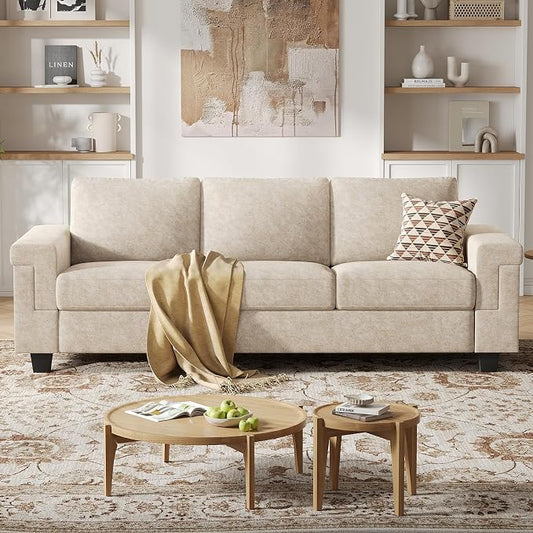 COPIAE 3 Seater Sofa Couch with Deep Seat, 90" Modern Upholstered Sofa with Armrests, Easy Installation, Comfy Couches for Living Room, Apartment, Beige