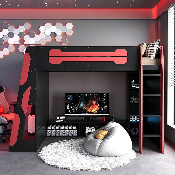 Merax Twin Size Loft Bed with Desk, Multi-Storage Shelves and RGB Light | Space-Saving Wooden Gaming Bed Frame with Charging Station and Guardrail