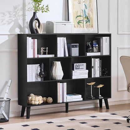 LEYAOYAO 10 Cube Bookshelf, 3 Tier Vintage 55" Wide Bookcase with Legs, Mid-Century Wood Bookshelves Storage, Black Large Book Case, Freestanding Organizer Display Shelf for Living Room, Office