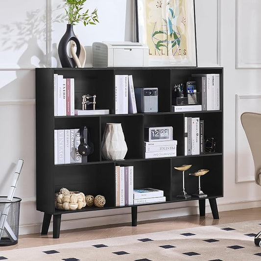 LEYAOYAO 10 Cube Bookshelf, 3 Tier Vintage 55" Wide Bookcase with Legs, Mid-Century Wood Bookshelves Storage, Black Large Book Case, Freestanding Organizer Display Shelf for Living Room, Office