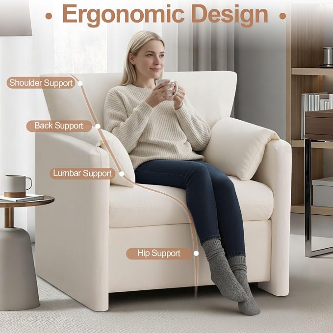 Oversized Accent Chair for Living Room, 32.68" Large Modern Armchair with Deep Seat, Mid-Century Comfy Reading Chair with Padded Arms, Chenille Single Sofa Chairs for Bedroom, Beige