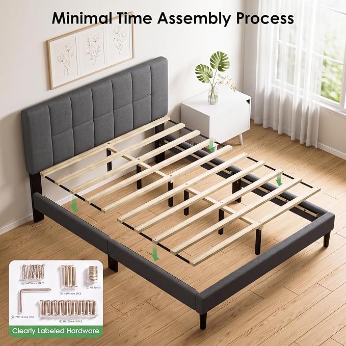 Marsail Queen Upholstered Bed Frame, Solid Wood Adjustable Headboard, 12 Support Legs Hold Up to 1300 Lbs, Sturdy & Durable, Fits 6"-12" Mattresses, Ideal Height, Easy Assembly, Dark Gray