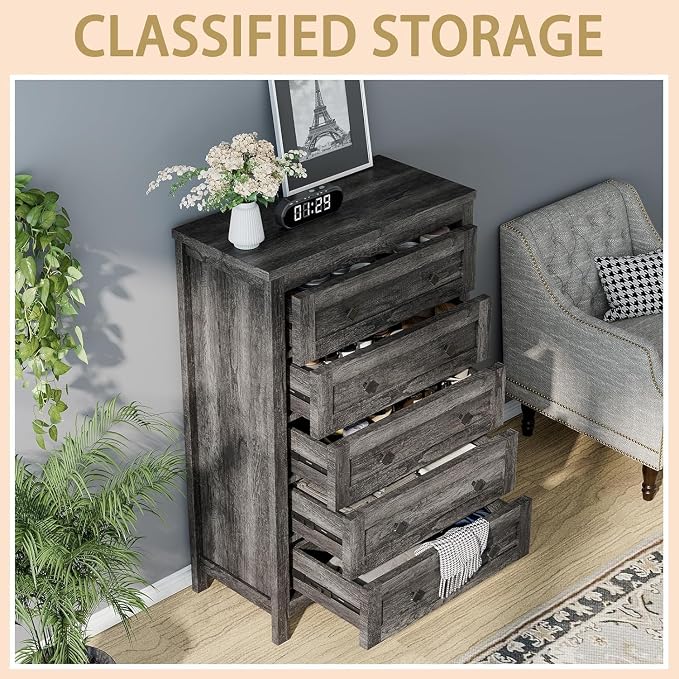 LUXOAK 5-Piece Bedroom Set, 1 X King Size Bed Frame, 2 X Nightstand Set with Charging Station, 1 X 5 Wood Drawer Dresser, 1 X Wood Rustic 6 Drawer Storage Dresser, Farmhouse Bedroom Furniture, Grey