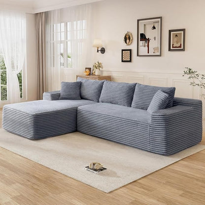 95" L Shaped Cloud Boneless Sectional Couches for Living Room, Modern Comfy Modular Deep Seat Memory Foam Compressed Corduroy Sofa Oversized Left Facing Chaise, No Assembly Required, Grey