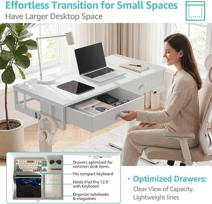 KLUVIS White Electric Standing Desk with Drawers, 39 Inch Small Adjustable Desk with Storage, Sit Stand Computer Study Writing Desks for Small Space Home Office, Stand Up Work Desks for Walking Pad
