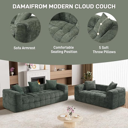 DAMAIFROM Chenille Cloud Sofa Couch Set with 5 Soft Pillows,Comfy Upholstered Chenille LoveSeat Sofa Set,Modern Deep Seat Sherpa Cloud Couch, Oversized Love Seat for Living Room,Olive Green