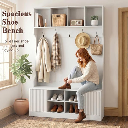 Hall Tree with Bench and Shoe Storage, 5-in-1 Entryway Coat Rack with LED Sensor Light, Hooks and Storage Cubes, Shoe Cabinet with Fluted Door, Modern Hall Tree for Entryway, Living Room