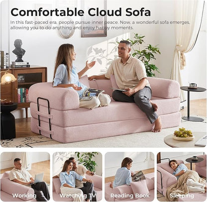 79" 5-in-1 Convertible Sofa Bed No Assembly, Boneless Couch Bed with High Density Foam, Foldable Sleeper Sofa, Corduroy Modular Couch for Apartment, Studio, Dorm Room, Small Space,Pink