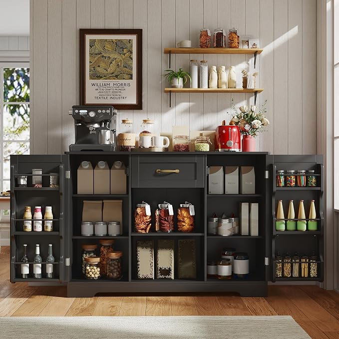 Gizoon 45" Coffee Bar Cabinet with Door and Shelves Kitchen Hutch with Countertop, Kitchen Buffer Cabinet with Storage for Bedroom and Living Room, Black
