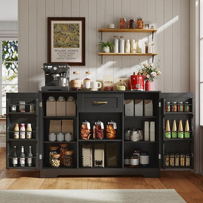Gizoon 45" Coffee Bar Cabinet with Door and Shelves Kitchen Hutch with Countertop, Kitchen Buffer Cabinet with Storage for Bedroom and Living Room, Black