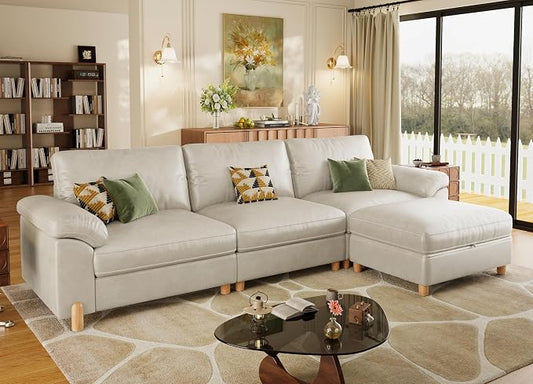 SITJOY Large Cloud Couch, 118" Wide 3 Seater L Shape, Faux Leather in White | Pet-Friendly Scratch-Resistant Leather Sectional Sofas for Living Room, Deep Seat Wide Couch with Chaise, Storage Ottoman