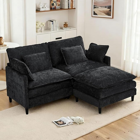 75.3" Chenille Modular Sectional Sofa, Convertible L Shaped Modular Sofa Comfy Cloud Couch with Ottoman, Side Pockets and 4 Throw Pillows for Living Room, Black, 3 Seats