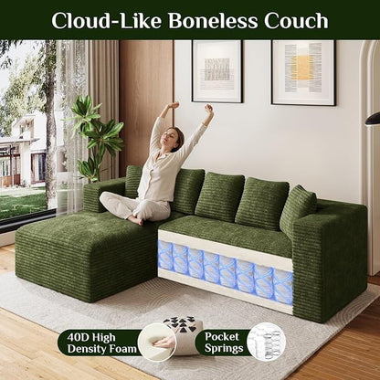 Oversized L Shaped Boneless Sectional Couches for Living Room, 107" Comfy Fluffy Cloud Modular Sectional Sofa, Plush Corduroy Memory Foam Floor Sofa with Left Facing Chaise Couch