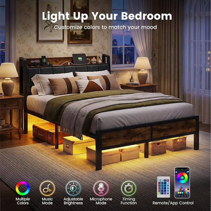 Full Size Bed Frame with Smart LED Lights and Charging Station, Storage Headboard, Heavy Duty Metal Platform Bed, Noise Free, No Box Spring Needed, Easy Assembly