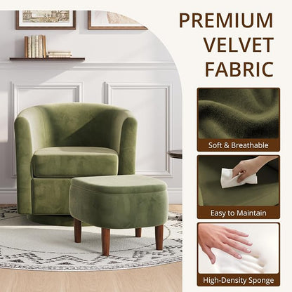 Swivel Accent Chair with Storage Ottoman, Small Modern Velvet Barrel Chair, Upholstered Armchair with Footrest for Living Room/Reading/Bedroom, 24.8'' D x 25.38'' W x 25.6'' H, Green