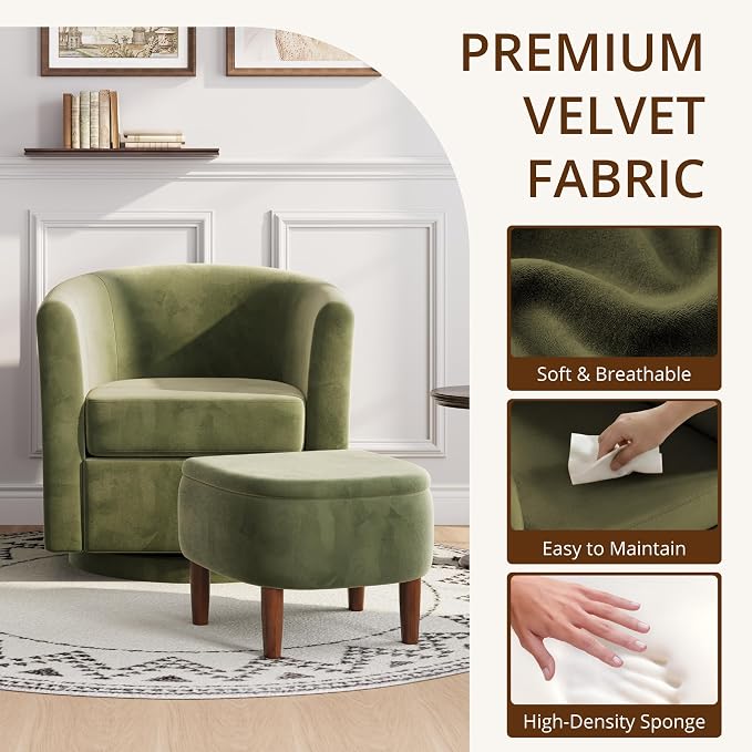 Swivel Accent Chair with Storage Ottoman Set of 2, Small Modern Velvet Barrel Chair, Upholstered Armchair with Footrest for Living Room/Reading/Bedroom, 24.8'' D x 25.38'' W x 25.6'' H, Green