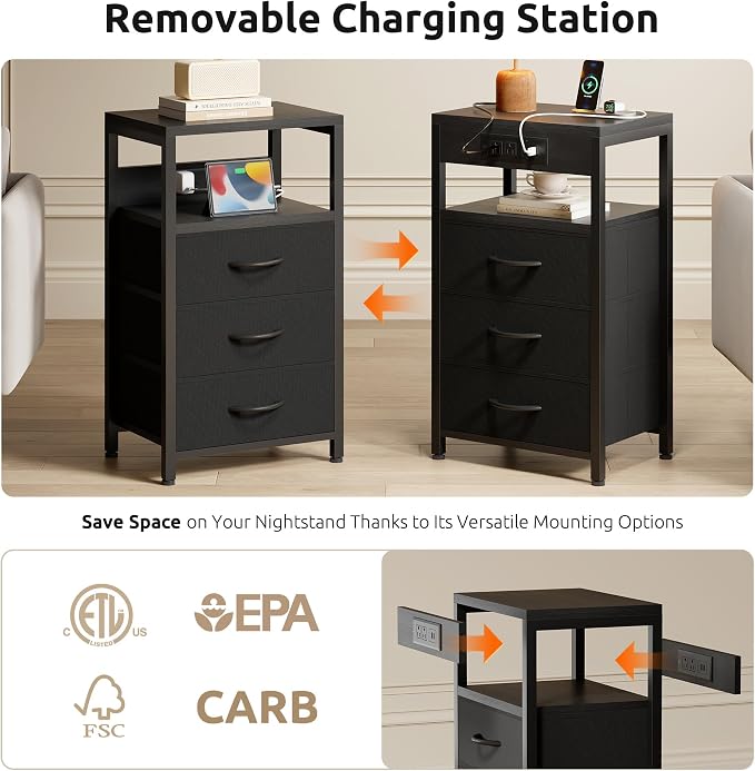 Lazzanto NightStand Bedside Charging Table Bedroom - Night Stand with Charger Station, Black Modern Bed Side End Table with Open Shelf & 3 Fabric Drawers, USB-C Port for Dorm, Living Room