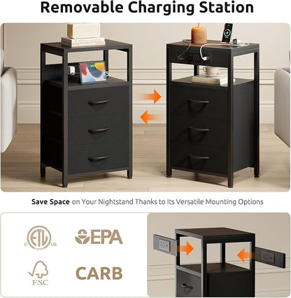 Lazzanto NightStand Bedside Charging Table Bedroom - Night Stand with Charger Station, Black Modern Bed Side End Table with Open Shelf & 3 Fabric Drawers, USB-C Port for Dorm, Living Room