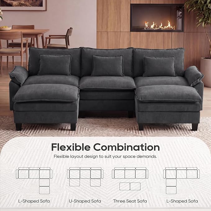 URRED Oversized Modular Sectional Sofa, 122" U Shaped Modern Comfy Cloud Couch with Movable Ottoman & Pillows, Deep Seat Couches for Living Room, Bedroom or Apartment (Velvet Grey, 122" U Shaped)
