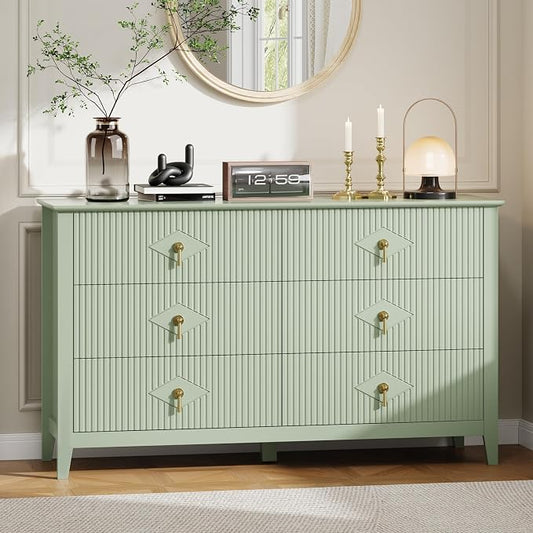 GarveeHome Fluted Dresser for Bedroom, 54 Inch Wide 6-Drawer Wood Dresser, Modern Chest of Drawers, Storage Organizer Cabinet for Living Room, Hallway, Entryway, Green