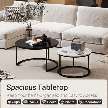 Otterease Nesting Tables Set of 2, 31.5" Round Coffee Table, Small Nesting Coffee Table with Adjustable Non-Slip Fee, Wood Grain Top Nesting Tables for Living Room, Bedroom (Wood Grain Black&White)