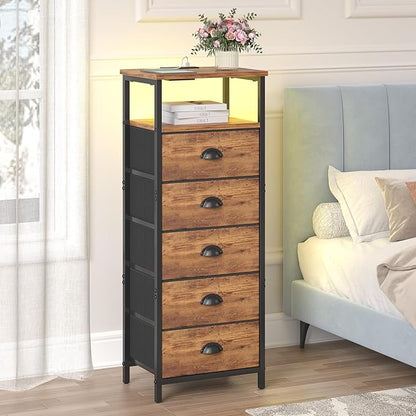 sthmec Nightstand with Charging Station,LED Night Stand with 5 Fabric Drawers, Bedside End Tables, 2-Tier Open Storage Shelf Side Table Nightstands with Drawers for Bedroom,Rustic Brown