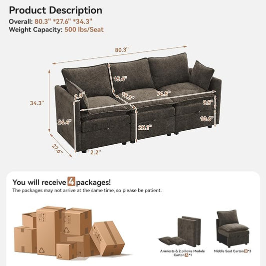 80" Cloud 3 Seater Sectional Modular Couch with Storage, Upholstered Storage Sofa Modern Couch Deep Seat, Chenille Convertible Sofa Comfy Couches with Armrests for Living Room, Small Space, Brown