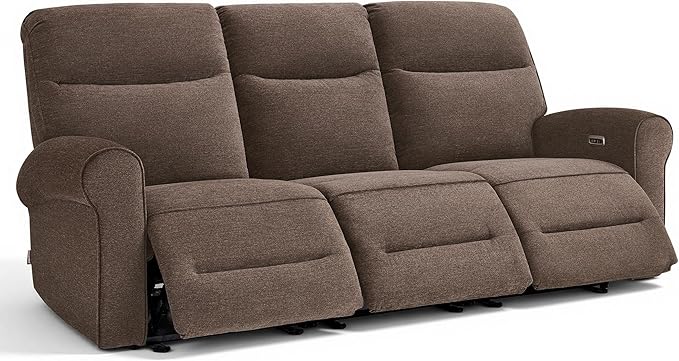 MCombo 87.8" Wall Hugger Power Reclining Sofa, 3-Seat Triple Recliner Couch with USB Ports, Rolled Arm Space Saving Recliner Sofa for Living Rooms Apartments RV, Fabric PR635M5 (Dark Brown)