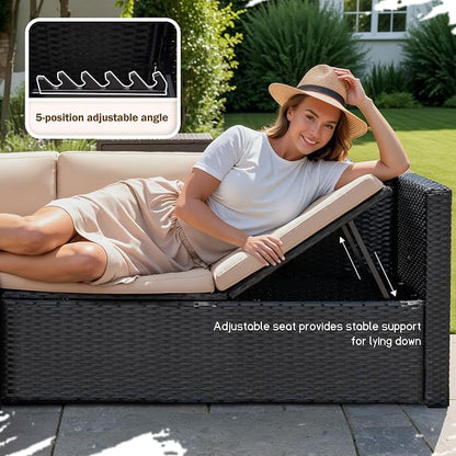 Greesum 3 Piece Patio Furniture Set Outdoor Wicker Rattan Sectional Sofa with Adjustable Seat, Soft Cushions & Coffee Table for Yard, Garden, Porch, Poolside, Beige