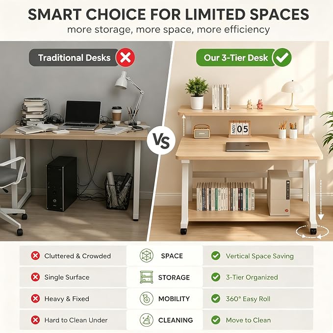 39.4 Inch Compact Rolling Computer Desk with Tier Worktable & Lockable Wheels, Small Computer Desk, Small Desk for Bedroom, Mobile Writing Workstation Easy Assembly for Home Office Small Spaces
