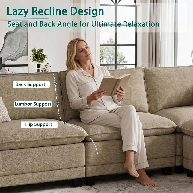 Modern L Shaped Sofa Couches for Living Room, Modular Sectional Cloud Couch with Movable Ottoman, Comfy Chenille Sofa for Apartment and Small Space, Light Yellow