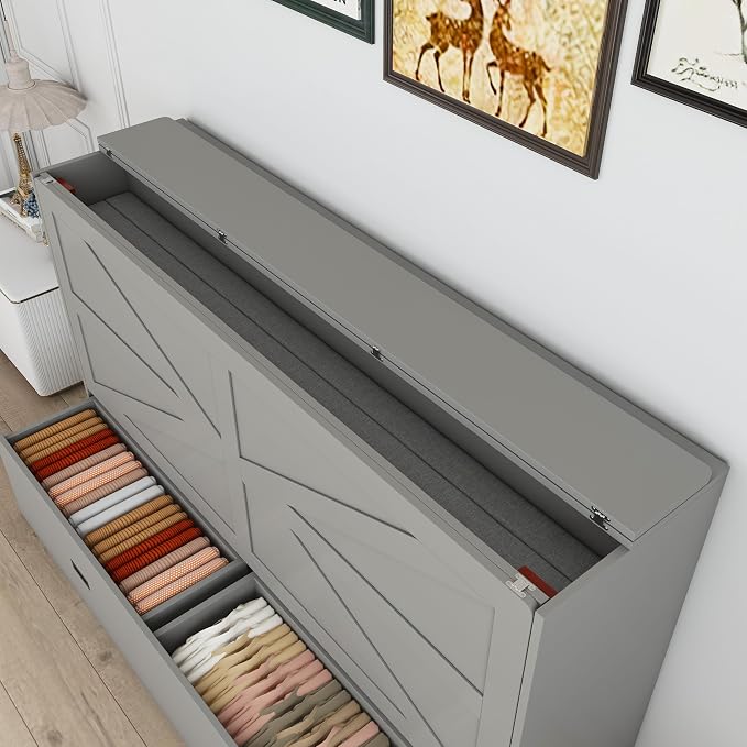 Bellemave Full Murphy Bed with Mattresses and Charging Stations and Storage Drawer, Farmhouse Murphy Cabinet Bed with Foldable Panel, Noisy Free, for Guest Bedroom, Living Room, Gray