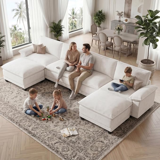 Modern U Shaped Sofa Couches for Living Room, Modular Sectional Cloud Couch with Movable Ottoman, Comfy Chenille Sofa for Apartment and Small Space, Beige