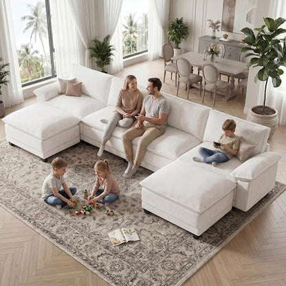 Modern U Shaped Sofa Couches for Living Room, Modular Sectional Cloud Couch with Movable Ottoman, Comfy Chenille Sofa for Apartment and Small Space, Beige