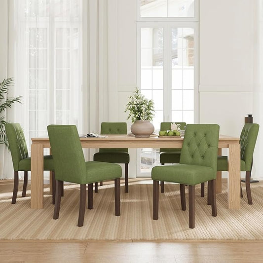 Upholstered Dining Chairs Set of 6, Modern Fabric Dining Chairs with Tufted Design, Kitchen Side Chairs, Farmhouse Dinner Chair with Wood Legs for Kitchen Restaurant Living Room, Green