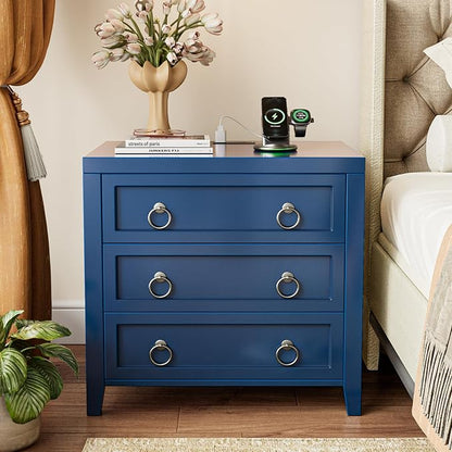Huuger 23.6 Inch Night Stand with Charger Station and USB-C Port, 3 Drawer Nightstands Set of 2, Larger Wider Bedside Table, Modern End Table, for Bedroom, Blue Nightstand