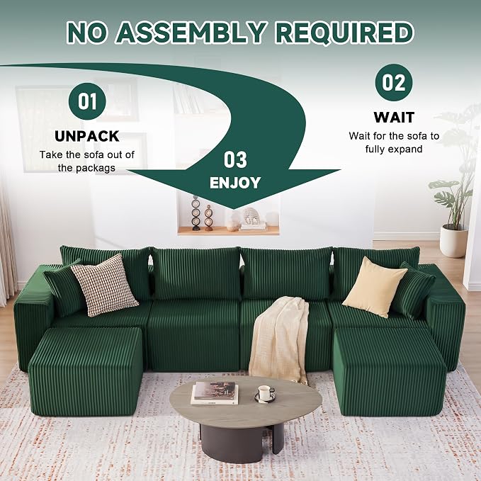 Weture 135.4" Cloud Couch Sectional, Modular Sectional Sofa with Deep Seat, Plush Corduroy U Shaped Boneless Couch, Convertible Sectional Couches for Living Room, 6Seat, Green