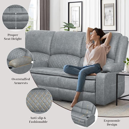 Yolsali Loveseat Recliner Sofa Set with 2-Tier Cushion, 2+1 Pieces in Living Room, 2 Seater Reclining Loveseat Leather with Removable Console, 1 Oversize Recliner Chair Sofa Seat - Gray PU