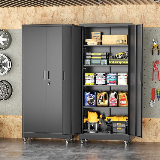 INTERGREAT Metal Storage Cabinet with Wheels, 73" Rolling Storage Cabinets with Door and 4 Shelves, Tall Storage Cabinets Locker on Caster for Home, Office, Black