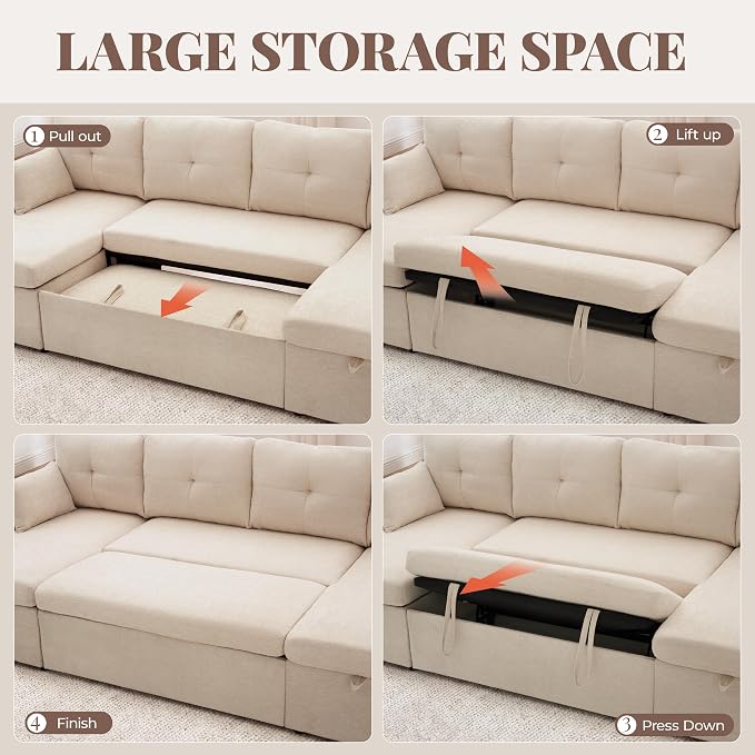 Huatean Home Oversized Sleeper Sofa Couch, 100 inch 2 in 1 Pullout Couch Bed with Side Pockets for Living Room, Sectional Sleeper Sofa Bed with Double Storage Chaise, Beige