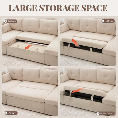 Huatean Home Oversized Sleeper Sofa Couch, 100 inch 2 in 1 Pullout Couch Bed with Side Pockets for Living Room, Sectional Sleeper Sofa Bed with Double Storage Chaise, Beige