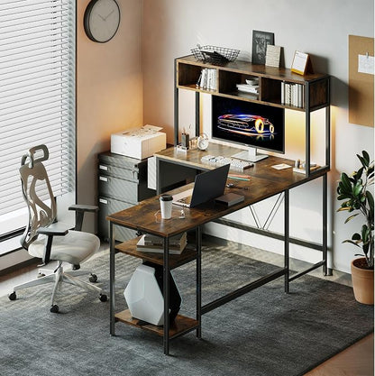 DUMOS 67" L Shaped Gaming Desk, Reversible Computer Desks with LED Lighting, Corner Desk for Compact Spaces with Keyboard Tray & Storage Shelf, Metal Frame PC Gaming Table for Home Office,Rustic Brown