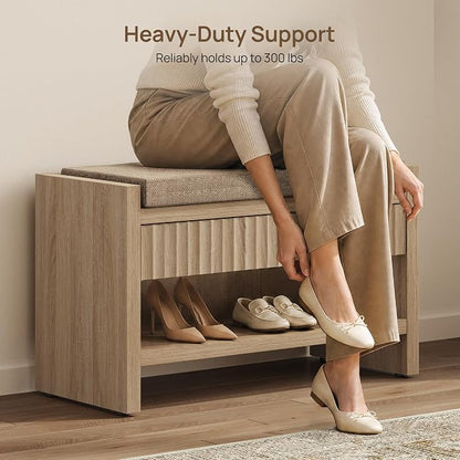 SICOTAS 31.3”W Fluted Entryway Shoe Bench with Cushion & Drawer, Light Oak | Modern Fluted Design, 300 lb Capacity, 19.69"H Ergonomic Seat, Spacious Drawer, Open Shoe Storage, Multi-Room Use