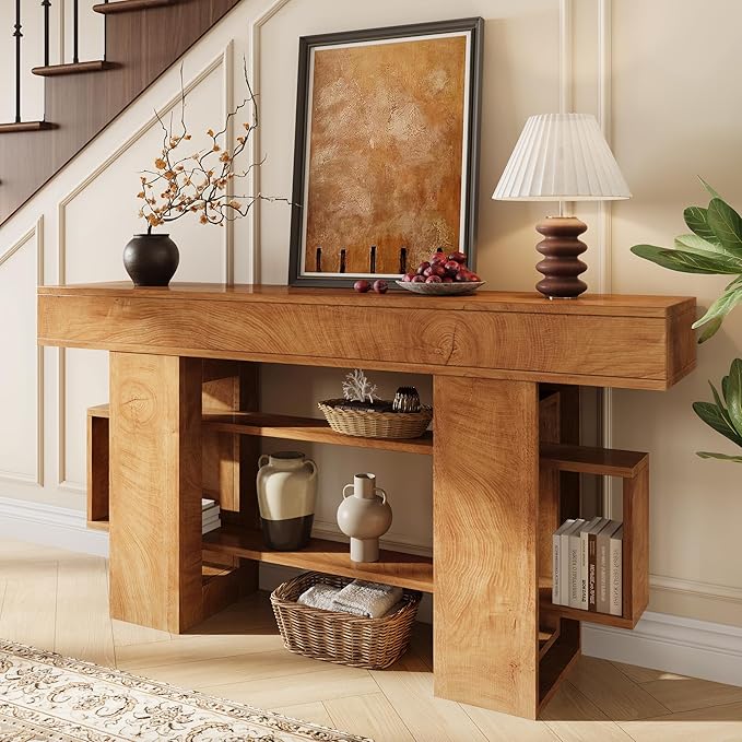 Einhomn 63 Inches Entryway Table, Wooden Console Table with Storage, Narrow Sofa Table Behind Couch, Farmhouse Long Entry Hallway Tables for Entrance, Foyer, Living Room, Natural Brown
