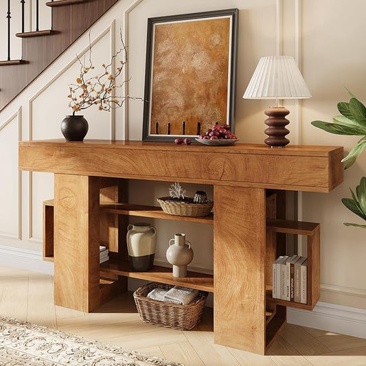 Einhomn 63 Inches Entryway Table, Wooden Console Table with Storage, Narrow Sofa Table Behind Couch, Farmhouse Long Entry Hallway Tables for Entrance, Foyer, Living Room, Natural Brown