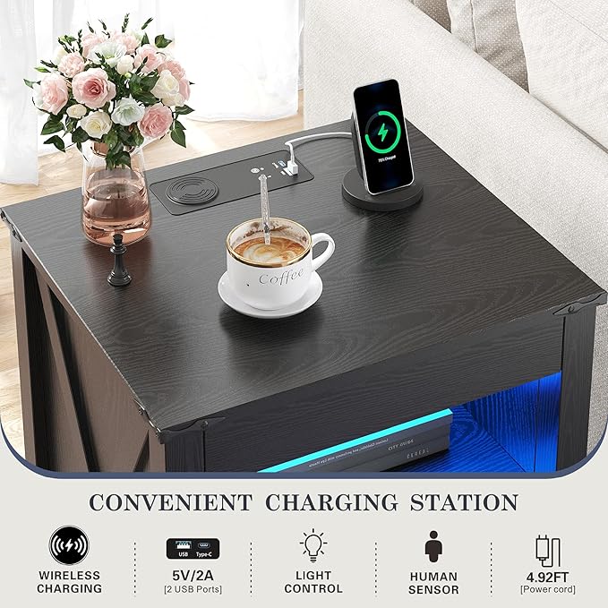 TAGELIER Night Stand Set 2 with Gun Drawer, Farmhouse Bedside Table with Charging Station, Gun Nightstand with LED Light & Human Sensor, Smart End Table for Bedroom, Black