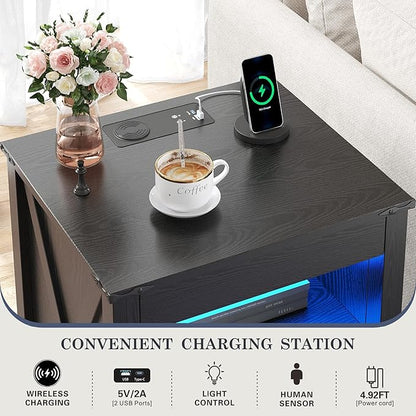TAGELIER Night Stand Set 2 with Gun Drawer, Farmhouse Bedside Table with Charging Station, Gun Nightstand with LED Light & Human Sensor, Smart End Table for Bedroom, Black