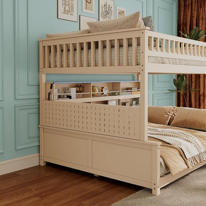 Merax Full Over Queen Bunk Bed,Wood bunk Bed with LED,Bed with Integrated Shelving, Color-Changing Lights and Pegboard, Full XL Over Queen, Beige