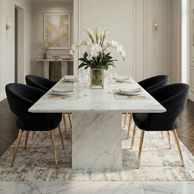 Hyfirm Set of 4 Black Velvet Dining Room Chairs, Modern Accent Chairs with Gold Legs & Hollow Back, Upholstered Kitchen Chair for Living Room/Reception/Restaurant