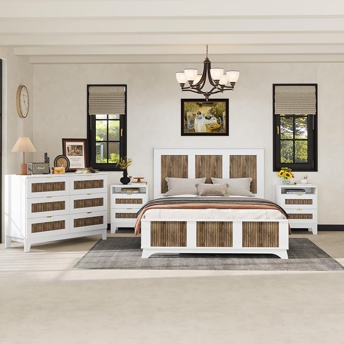 4 Pieces Bedroom Furniture Sets Farmhouse Queen Size Bed Frame with Storage Dresser & Nightstand, Wood Platform Bed Frames with Metal Handle for Living Room, Home, Guest Room, Apartment